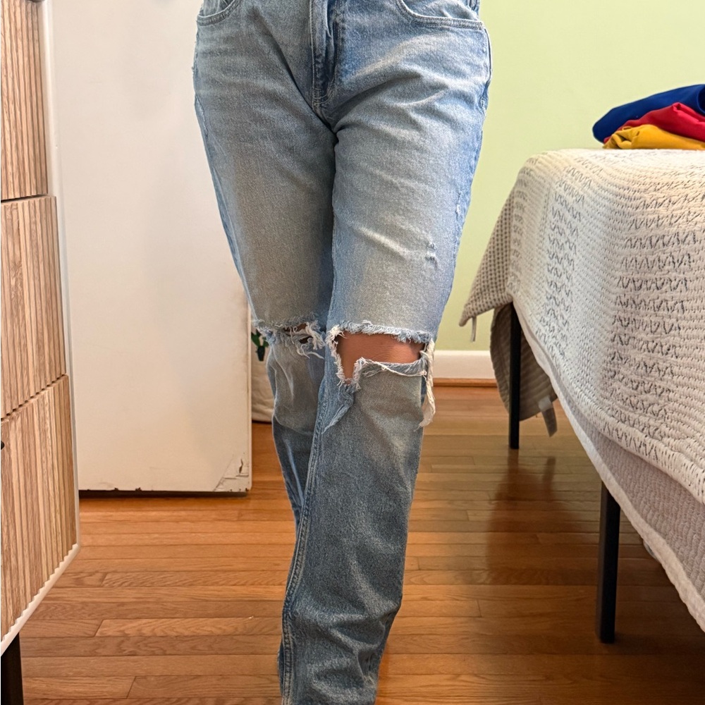 Zara Light Blue Ripped Boyfriend Jeans
